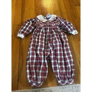 Vintage Girls Friedknit Creations Red Plaid Bubble Romper 9m Peter‎ Pan Collar